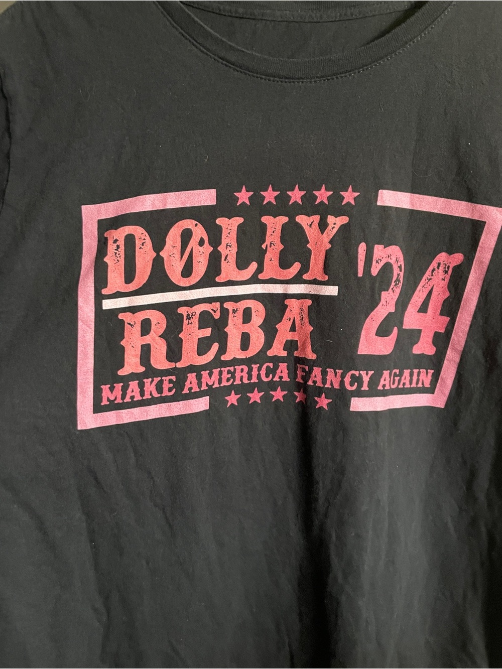 Dolly Parton Black Tee Pink 'Dolly Reba 24' Graphic Make America Fancy Again XL